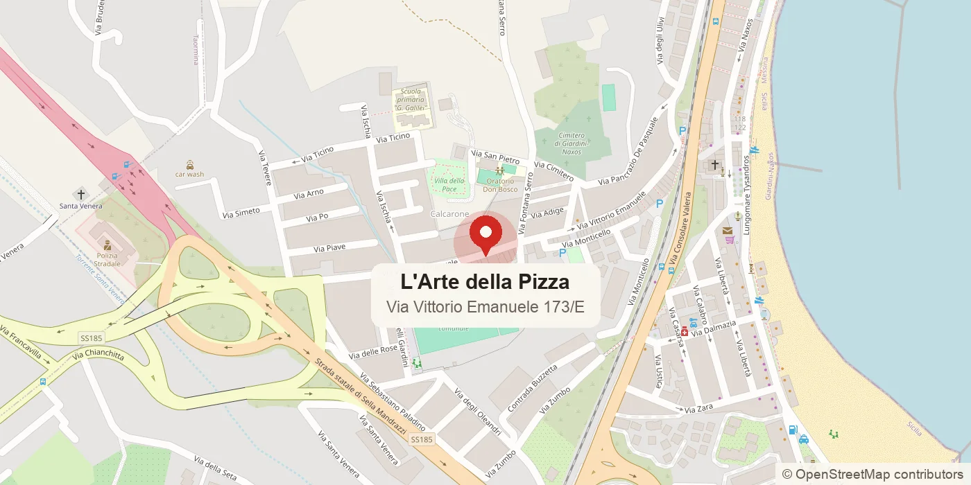 Mappa: L'Arte della Pizza in Via Vittorio Emanuele 173/E a Giardini Naxos, nel quartiere Calcarone, vicino all'oratorio e al campo sportivo